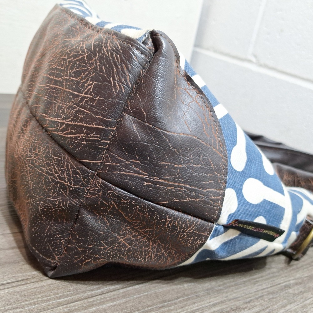 Rebekah Scott Designs Blue White Geometric Canvas Tote Bag Brown Faux Leather - Picture 3 of 9